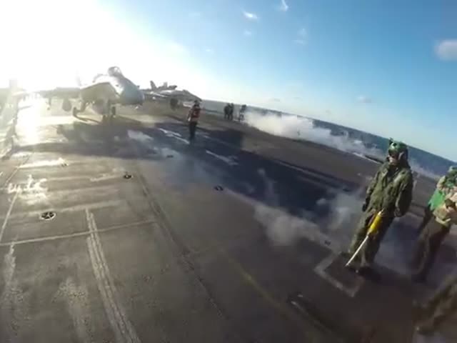 Final Check of Jet before Takeoff from Carrier - POV 