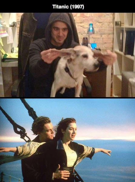 Man and Dog Recreate Romantic Movie Scenes