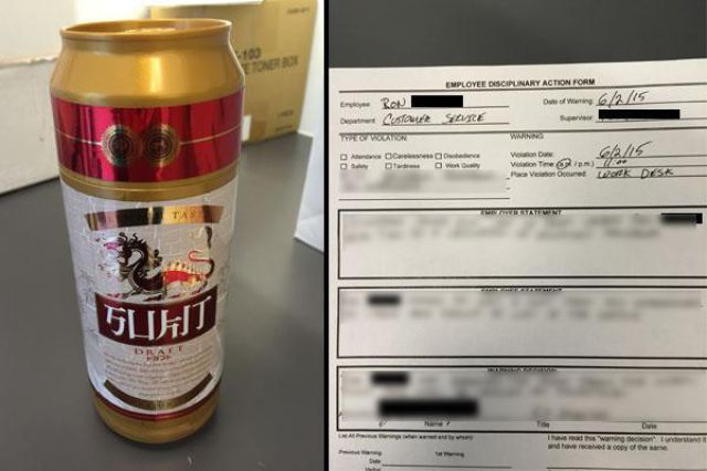 Dude Gets a Warning for Hiding a Beer at Work