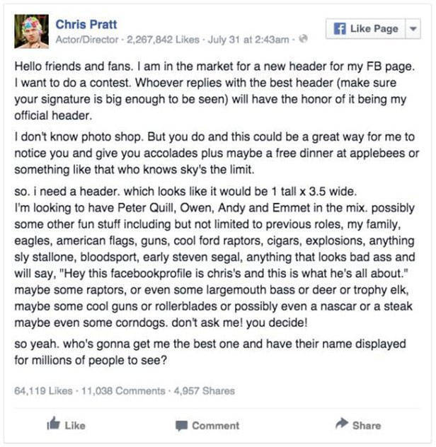 Chris Pratt Needed a New Facebook Header So He Asked the Internet for Help
