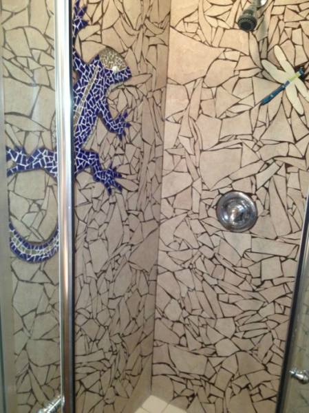 A Cool Bathroom Makeover with Broken Tiles