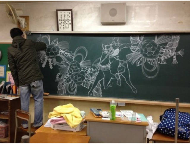 A Skilled Artist Uses His Classroom Chalkboard as a Constant Canvas