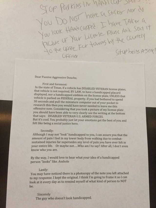Douchebag Leaves a Really Rude Note on a Disabled Man’s Car and His Response Is Priceless