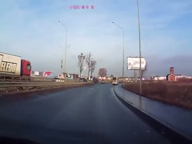 Quick Thinking Truck Driver Stops a Collision with a Stationary Car with Only Inches to Spare