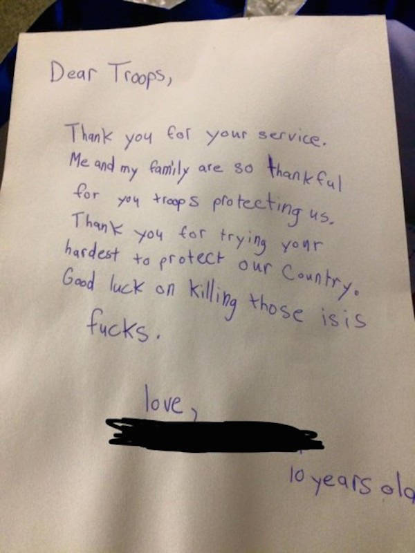 Cute 10 Year Old Kid Gifts His Halloween Candy to the Troops along with This Feisty Letter
