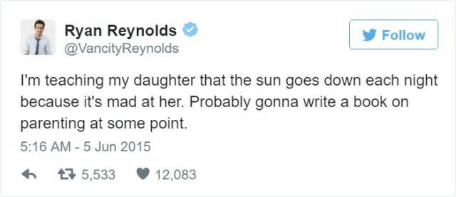 Ryan Reynolds Posts Hilarious Tweets About His Parenting Experience With His Daughter