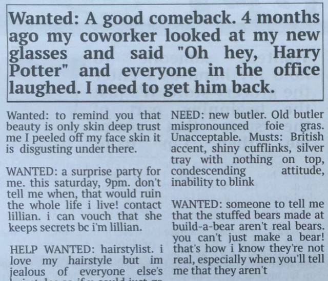 These Fake Want Ads From Community Newspaper Will Crack You Up