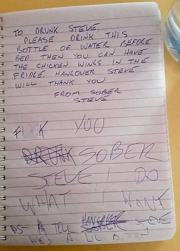 Guy Leaves Himself A Note For When He Is Drunk And Finds a Funny Answer The Newt Day