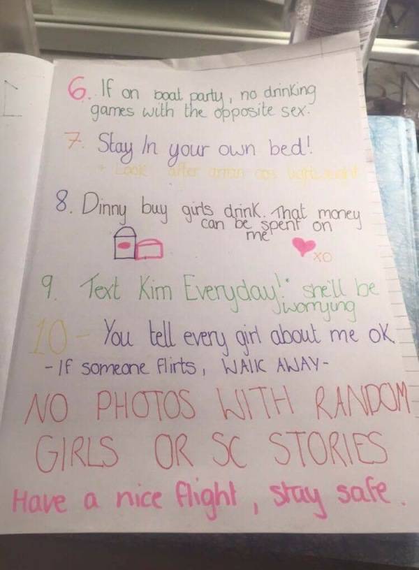 Girl Makes A Hilarious 10 Rule List For Her Boyfriend Who Ahead Of His Boys’ Trip