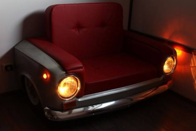 Recycled Old Lada Transformed Into A Cozy Armchair With Working Headlamps