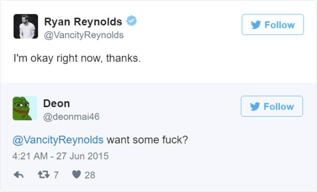 Hilarious Ryan Reynolds’ Replies To Dirty Tweets From Fans