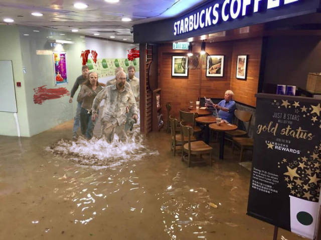 Man Sitting In A Flooded Starbucks With No F#cks Given, Triggers Epic Photoshop Battle