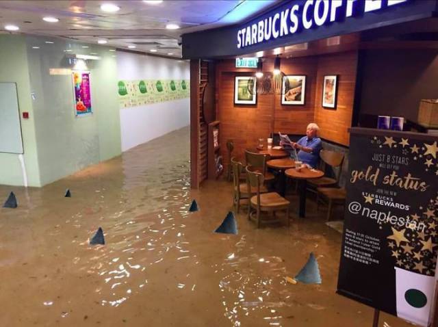 Man Sitting In A Flooded Starbucks With No F#cks Given, Triggers Epic Photoshop Battle